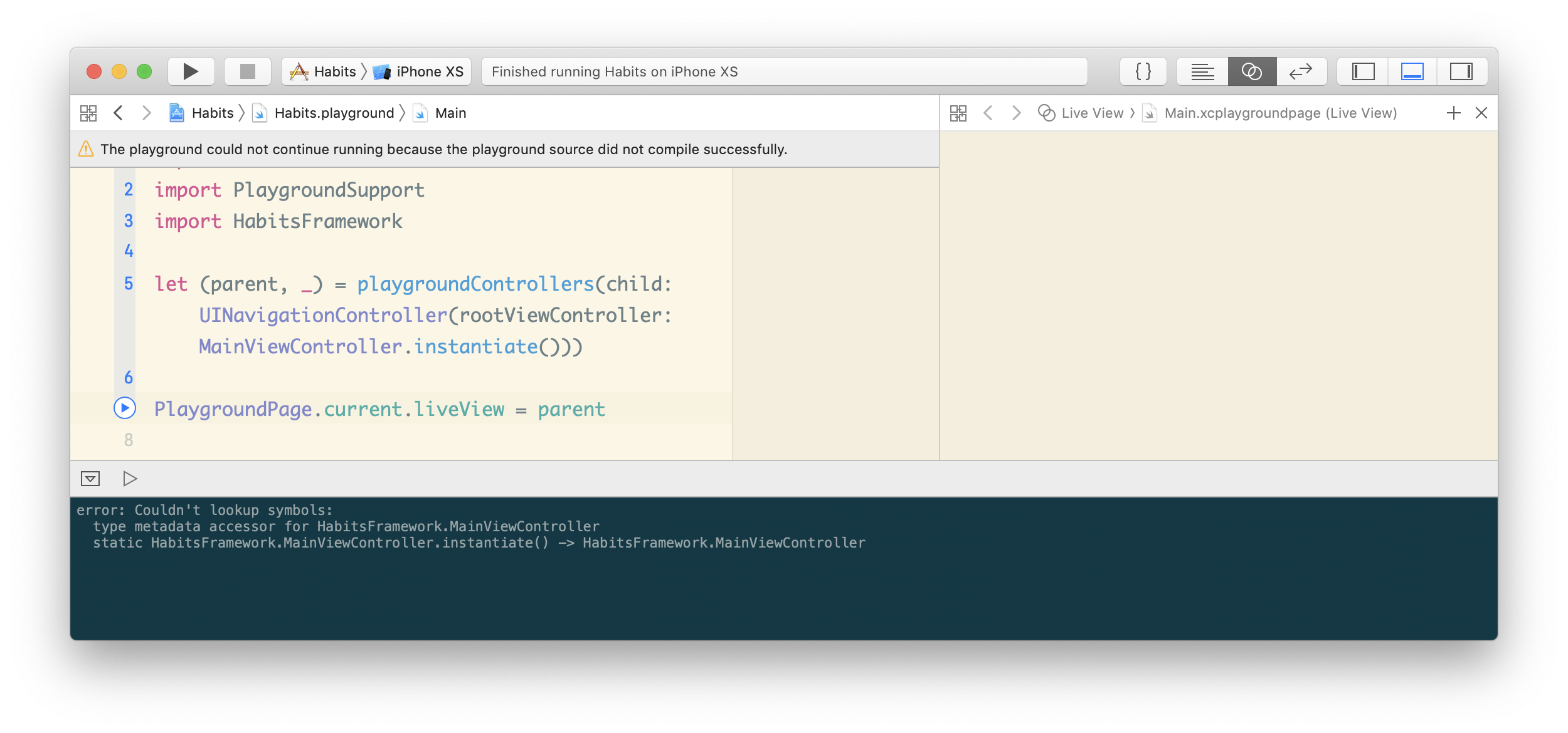 Screenshot of Xcode Playgrounds with the couldn't lookup symbols error
