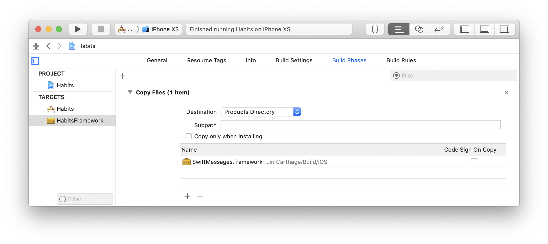 Screenshot of Xcode project target settings that fix the Carthage Playground Driven Development issue